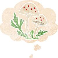 cartoon mushrooms and thought bubble in retro textured style vector