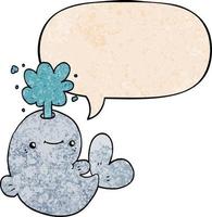 cartoon whale spouting water and speech bubble in retro texture style vector