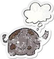 cartoon elephant and thought bubble as a distressed worn sticker vector
