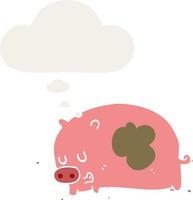 cute cartoon pig and thought bubble in retro style vector