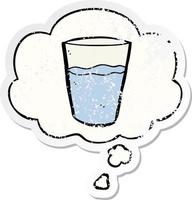 cartoon glass of water and thought bubble as a distressed worn sticker vector