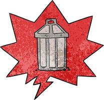 cartoon old metal garbage can and speech bubble in retro texture style vector