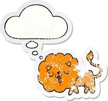 cute cartoon lion and thought bubble as a distressed worn sticker vector