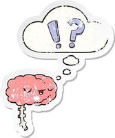 cartoon curious brain and thought bubble as a distressed worn sticker vector