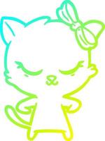 cold gradient line drawing cute cartoon cat with bow vector