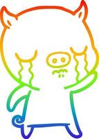 rainbow gradient line drawing cartoon pig crying waving goodbye vector