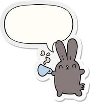 cute cartoon rabbit and coffee cup and speech bubble sticker vector