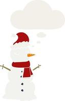 cartoon snowman and thought bubble in retro style vector