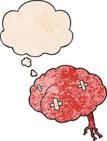 cartoon injured brain and thought bubble in grunge texture pattern style vector