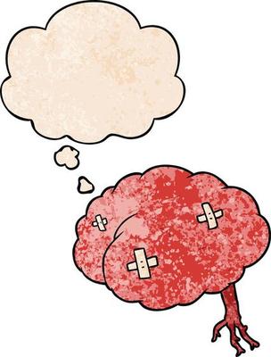 cartoon injured brain and thought bubble in grunge texture pattern style