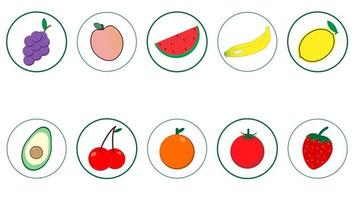 Set of fruit, avocado, strawberry, lemon, grape, watermelon, peach, orange, banana, and cherry illustration on white background for your design vector