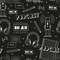 Headphones, microphone, note list, tea, speech bubbles icons seamless pattern. Podcast recording and listening, online radio, audio streaming service concept. Hand drawn vector isolated illustrations.