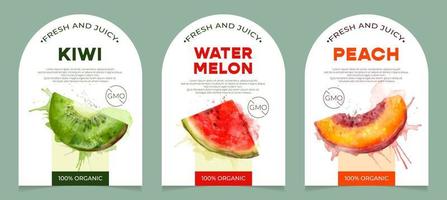 Set of 3 labels, packaging of fresh and juicy fruits. Natural organic product, gmo free. Text with watercolor realistic fruits on white base. Template for your product. vector