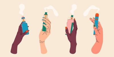 Hands holding vapes, colorful illustrations set. Electronic cigarettes and vape concept. Modern vector illustration. Variety of designs vape pens and pod mods. Flat vector design for web.
