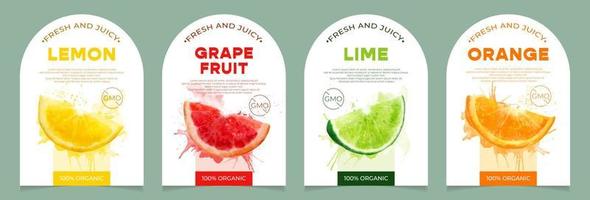Set of 3 labels, packaging of fresh and juicy citrus fruits. Natural organic product, gmo free. Text with watercolor realistic fruits on white base. Template for your product. vector
