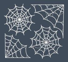 Set of spiderwebs. Symbol of Halloween. Variety of white spiderwebs on dark background. Template for your design. Hand drawn trendy vector illustration. All elements are isolated.