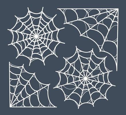 Set of spiderwebs. Symbol of Halloween. Variety of white spiderwebs on dark background. Template for your design. Hand drawn trendy vector illustration. All elements are isolated.