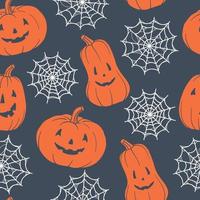 Pattern with pumpkins and spiderwebs. Orange pumpkin with various funny faces. Template for your design. Hand drawn trendy vector seamless pattern. Square background, wallpaper.