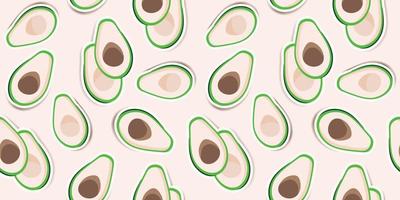 Cute green avocados on a light pibk background. Trendy avocado pattern design for wallpapers, print, fabric and stationery design. Green avocados sticker pattern. Illustrated vector fruit.