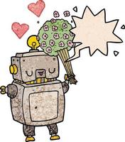 robot de dibujos animados enamorado y burbuja del habla en estilo de textura retro vector