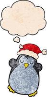 cute christmas penguin and thought bubble in grunge texture pattern style vector