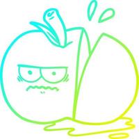 línea de gradiente frío dibujo dibujos animados enojado manzana en rodajas vector