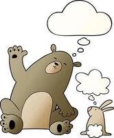 cartoon bear and rabbit friends and thought bubble in smooth gradient style vector