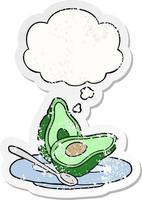 cartoon avocado and thought bubble as a distressed worn sticker vector