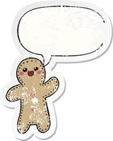 cartoon gingerbread man and speech bubble distressed sticker vector