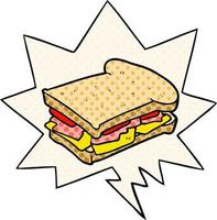cartoon ham cheese tomato sandwich and speech bubble in comic book style vector