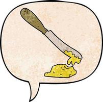 cuchillo de dibujos animados esparciendo mantequilla y burbujas de habla en estilo de textura retro vector