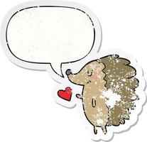 cute cartoon hedgehog and speech bubble distressed sticker vector