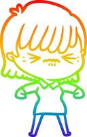 rainbow gradient line drawing annoyed cartoon girl vector