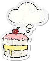 cartoon cake and thought bubble as a distressed worn sticker vector
