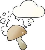 cartoon mushroom with spore cloud and thought bubble in smooth gradient style vector