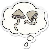 cartoon mushrooms and thought bubble as a distressed worn sticker vector