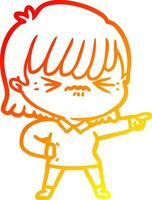 warm gradient line drawing annoyed cartoon girl pointing vector