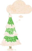 árbol de navidad de dibujos animados y burbuja de pensamiento en estilo retro texturizado vector