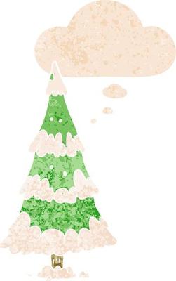 cartoon christmas tree and thought bubble in retro textured style