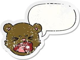 cute cartoon teddy bear face and speech bubble distressed sticker vector