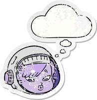 cartoon astronaut face and thought bubble as a distressed worn sticker vector