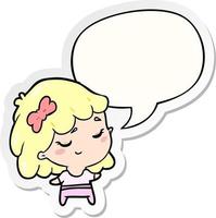 cute cartoon happy girl and speech bubble sticker vector