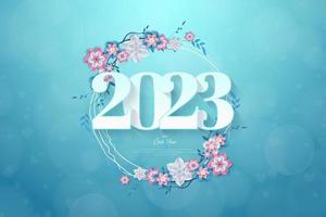 Happy new year 2023 with classic numbers and beautiful blue flowers vector