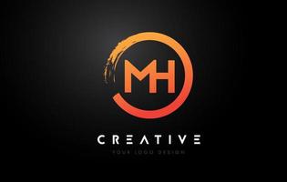 Orange MH Circular Letter Logo with Circle Brush Design and Black Background. vector