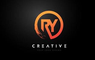 Orange RY Circular Letter Logo with Circle Brush Design and Black Background. vector