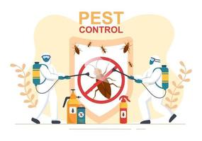 servicio de control de plagas con exterminador de insectos, aerosoles y desinfección higiénica de la casa en ilustración de fondo de caricatura plana vector