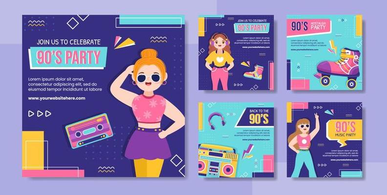 90s Retro Party Social Media Post Template Flat Cartoon Background Vector Illustration
