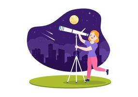 ilustración de dibujos animados de astronomía con gente mirando el cielo estrellado nocturno, la galaxia y los planetas en el espacio ultraterrestre a través del telescopio en estilo plano dibujado a mano vector