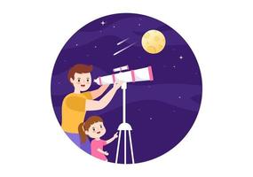 ilustración de dibujos animados de astronomía con gente mirando el cielo estrellado nocturno, la galaxia y los planetas en el espacio ultraterrestre a través del telescopio en estilo plano dibujado a mano vector