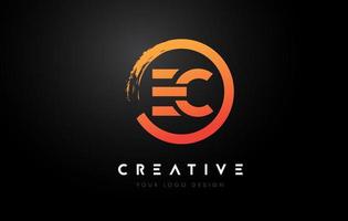 Orange EC Circular Letter Logo with Circle Brush Design and Black Background. vector
